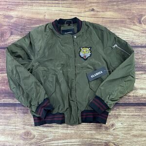 Glamsia Green Bomber Flight Jacket Womens Size Large Zip Up Tiger Patch